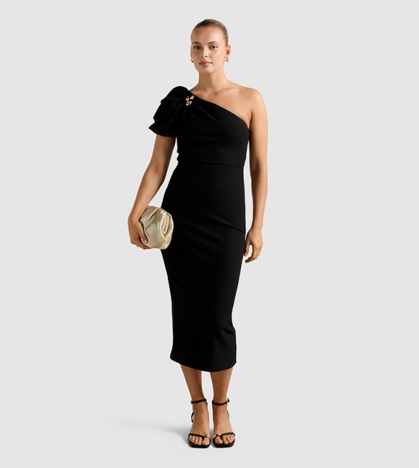 LINDA One Shoulder Puff Sleeves Midi Dress