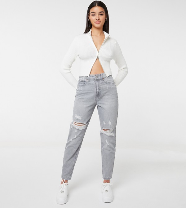 Ripped-Hem Mom Jeans