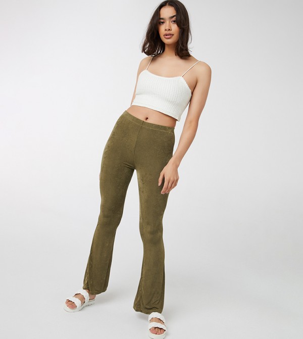 Ardene Flare Crepe Knit Pants in Khaki, Size, Polyester/Spandex