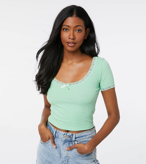 Lace Trim Short Sleeves Cropped Top