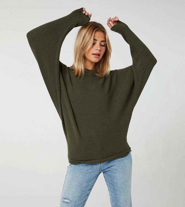 Ardene Horizontal Ribbed Dolman Sweater in Dark Green