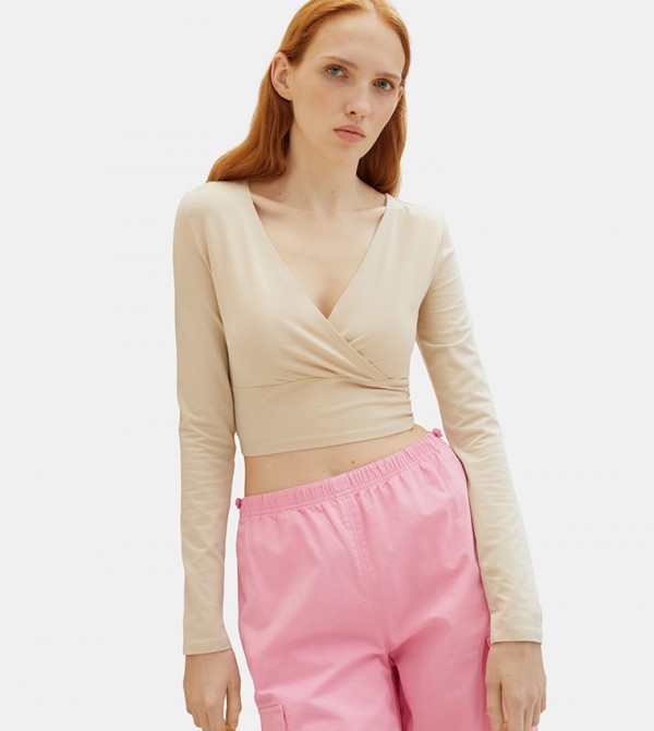 Solid Long Sleeves Wrap Top