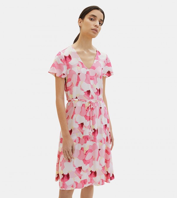 Patterned Flared Dress with Tie-Up Waist