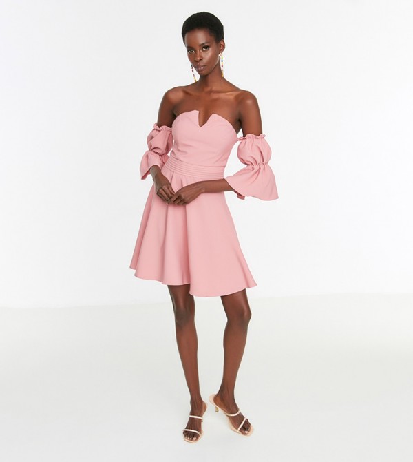 Pink off the shoulder skater clearance dress