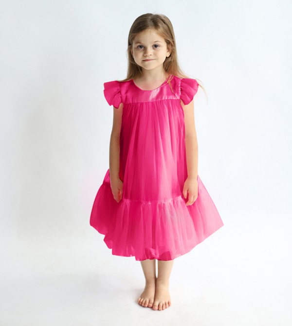 Pleated Round Neck Casual Dress