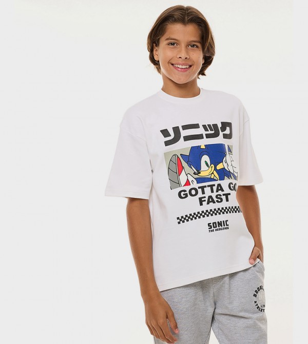 Sonic Print T-Shirt with Crew Neck and Short Sleeves