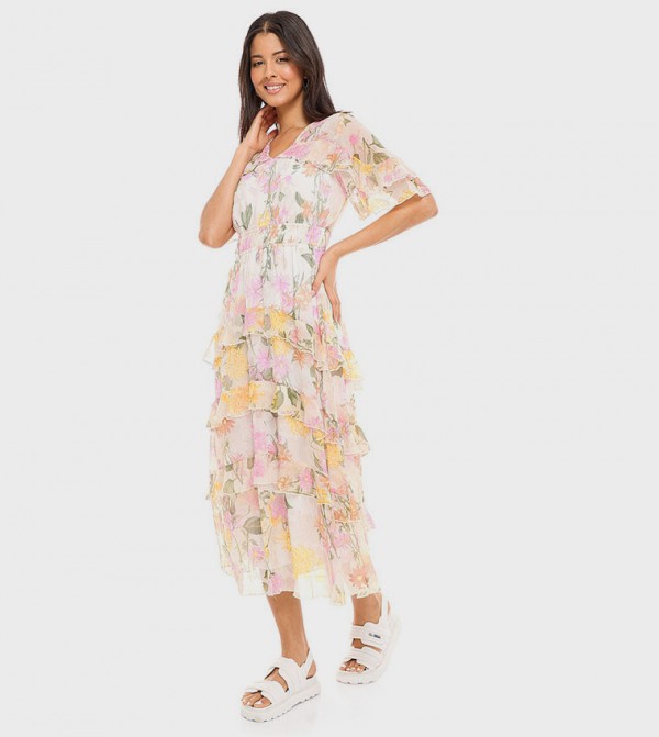 Floral Print Midi Dress with V-Neck and Short Sleeves