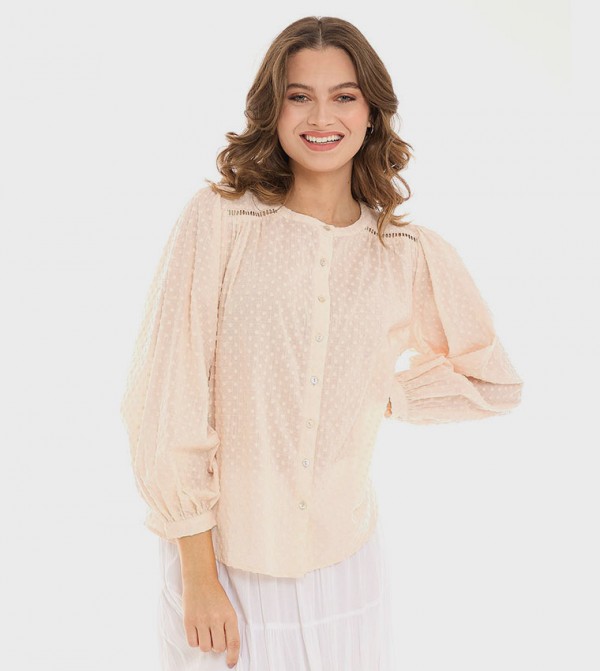 Self Patterned Top with Crew Neck and Long Sleeves