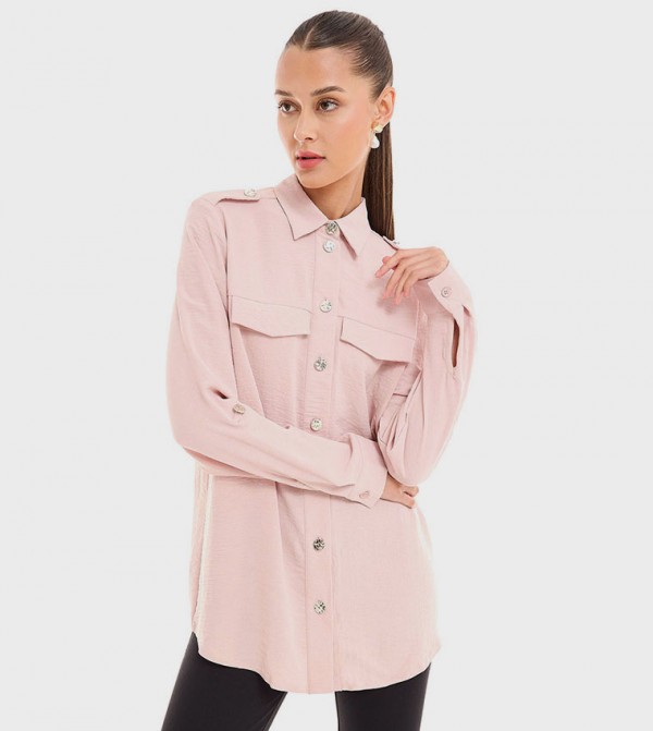 Solid Shirt with Spread Collar and Long Sleeves