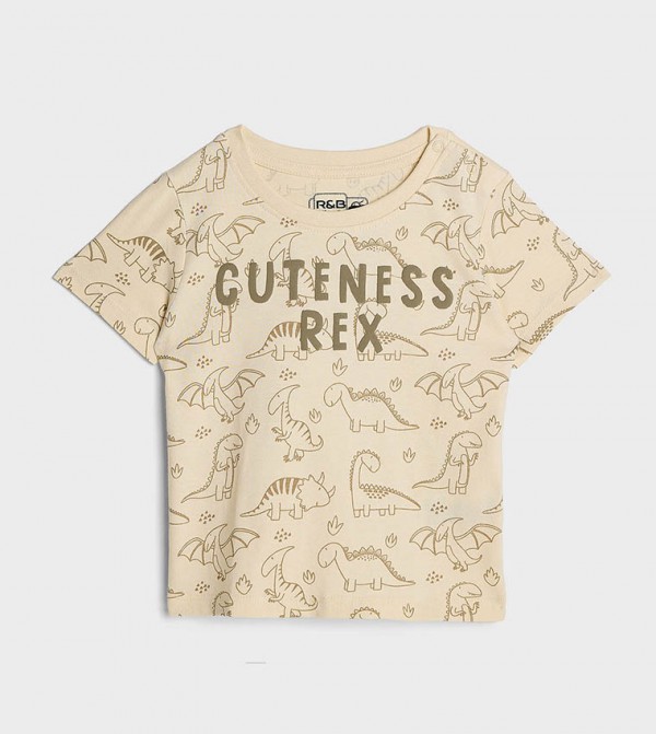 Dinosaur Printed T-Shirt with Crew Neck and Short Sleeves