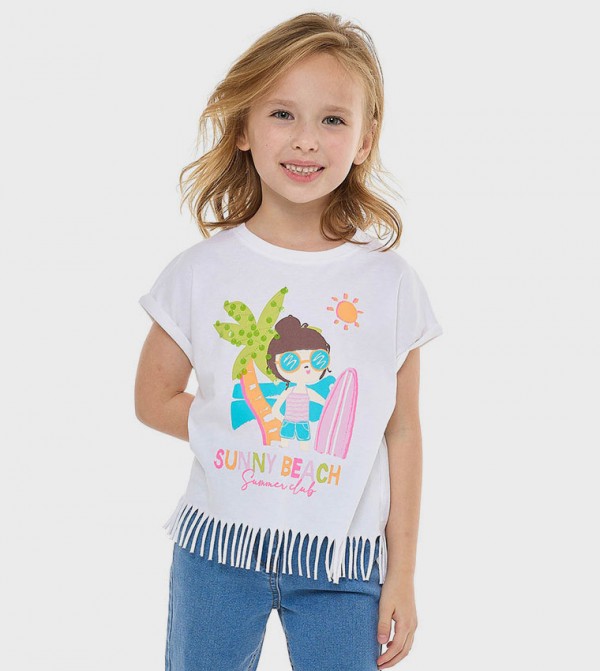 Printed Fringed T-Shirt with Crew Neck and Short Sleeves