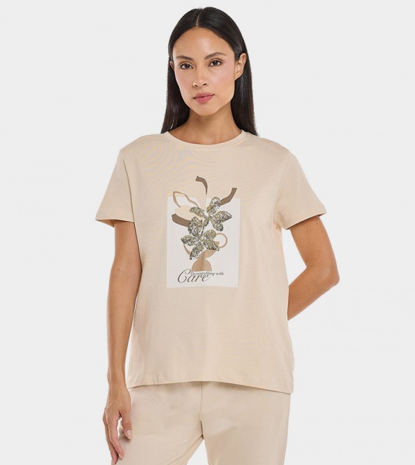 Sequined T-Shirt with Crew Neck and Short Sleeves