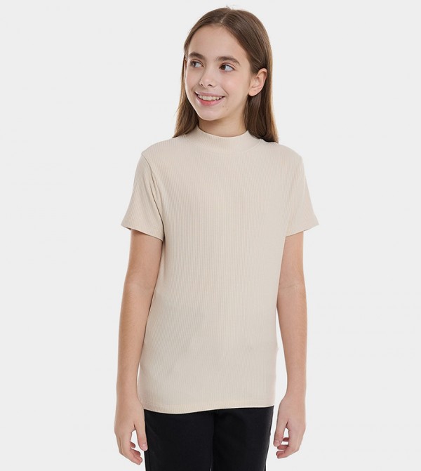 Ribbed Top with Mock Neck and Short Sleeves