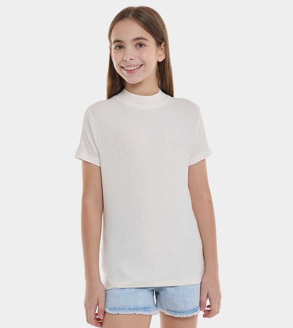 Ribbed Top with Mock Neck and Short Sleeves