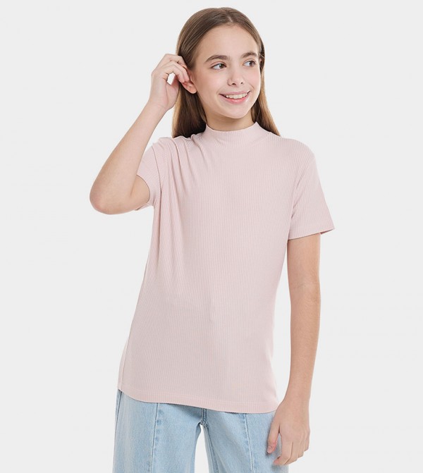Ribbed Top with Mock Neck and Short Sleeves