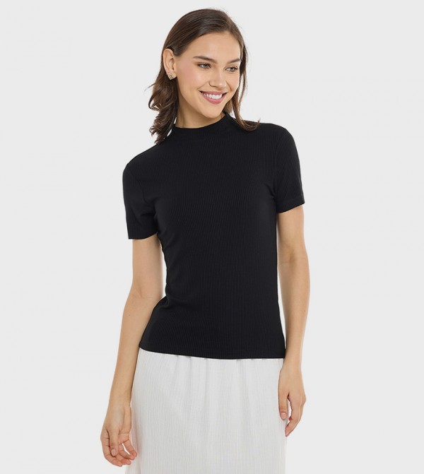 Ribbed Top with High Neck and Short Sleeves
