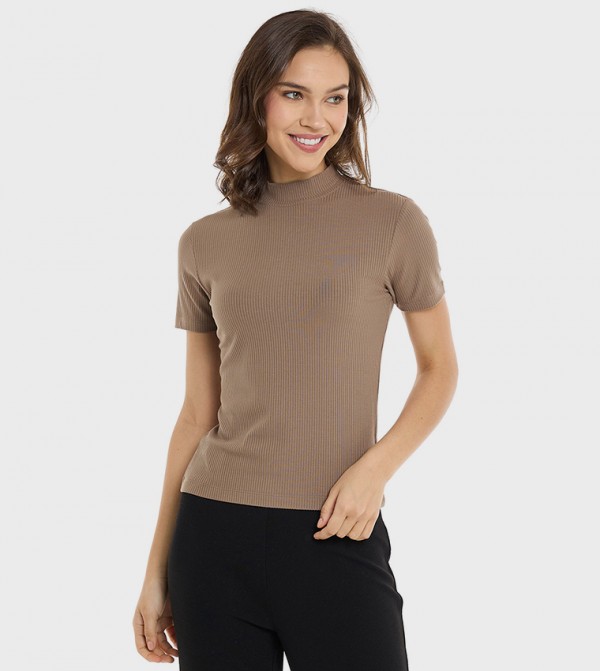 Ribbed Top with High Neck and Short Sleeves