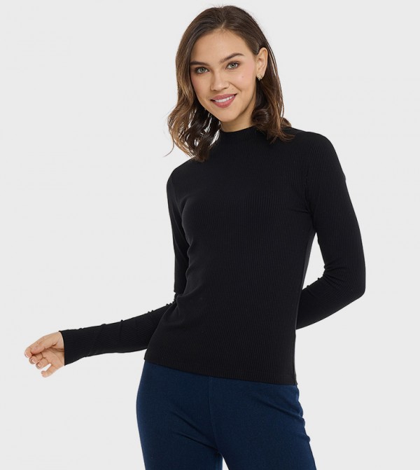 Ribbed Top with High Neck and Long Sleeves