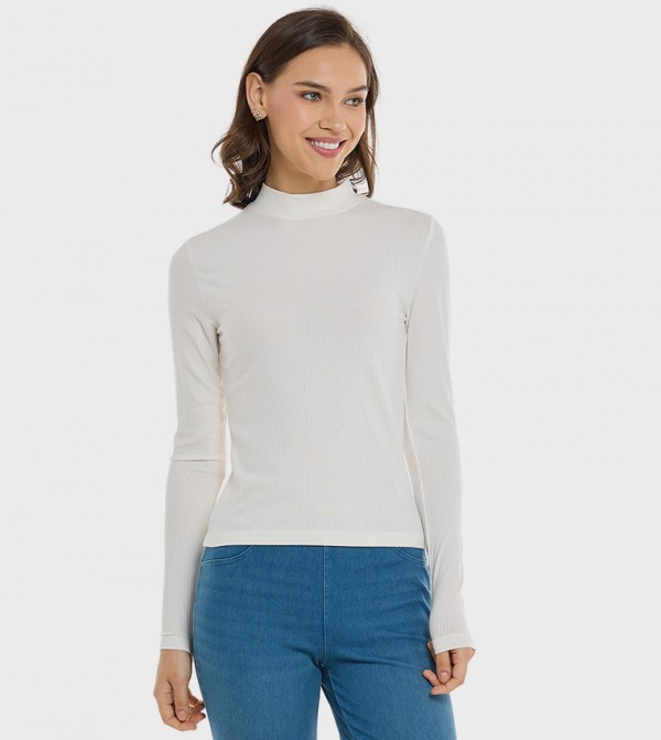 Ribbed Top with High Neck and Long Sleeves