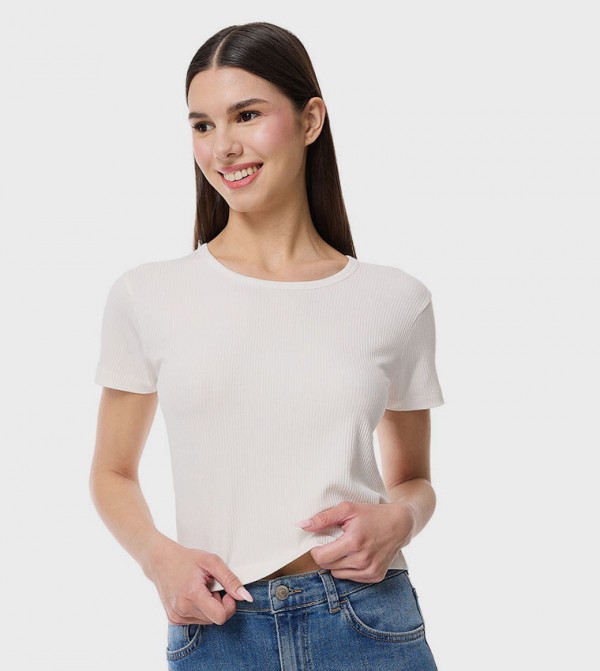 Ribbed Top with Round Neck and Short Sleeves
