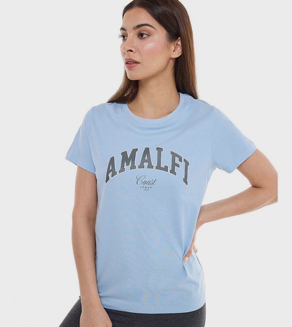 Typography Print T-Shirt with Crew Neck and Short Sleeves