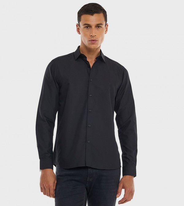 Solid Shirt with Classic Collar and Long Sleeves