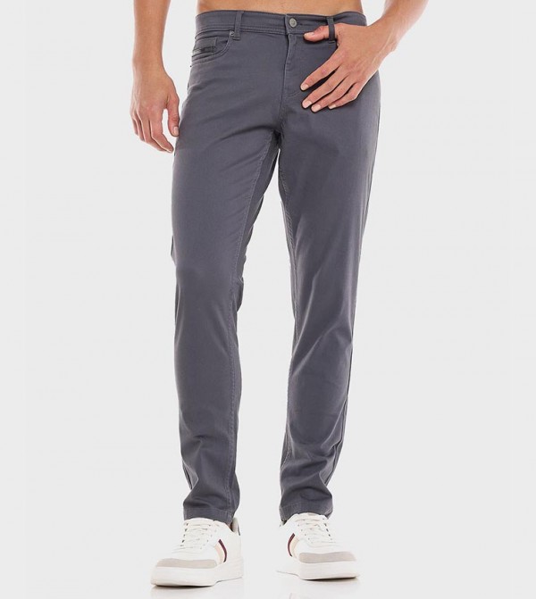 Solid Slim Fit Pants with Button Closure