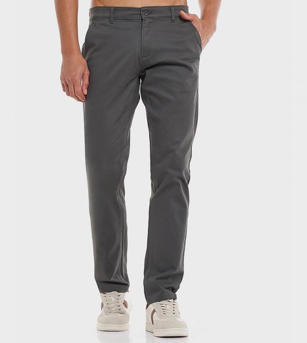 Solid Slim Fit Pants with Button Closure