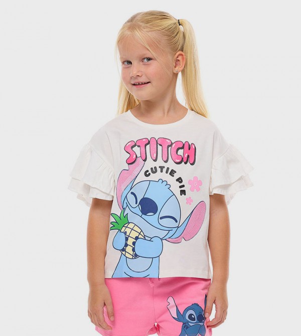 Stitch Printed T-Shirt with Crew Neck and Flutter Sleeves