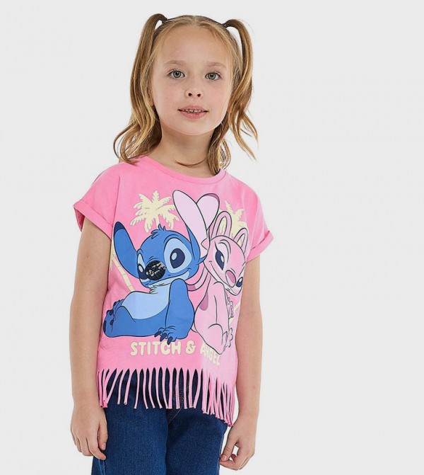 Stitch & Angel Printed Fringed T-Shirt with Crew Neck and Short Sleeves