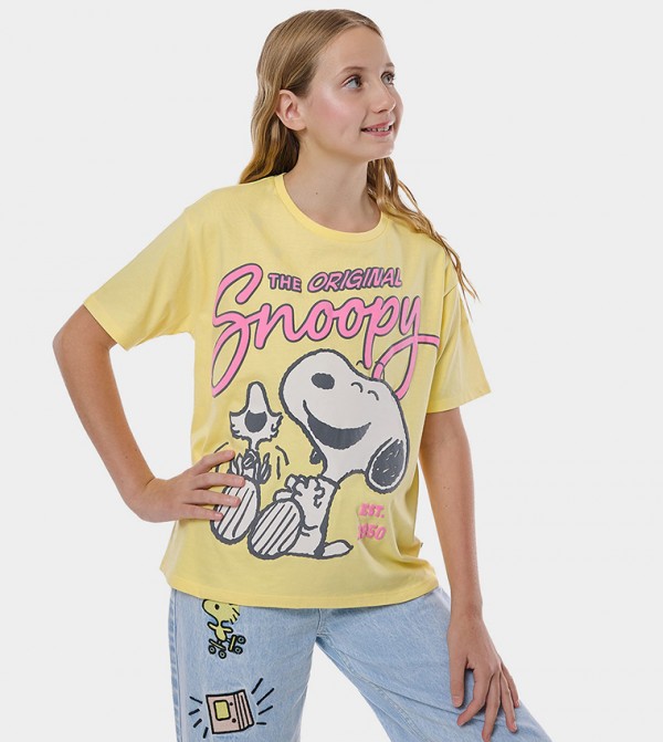Snoopy Print T-Shirt with Crew Neck and Short Sleeves