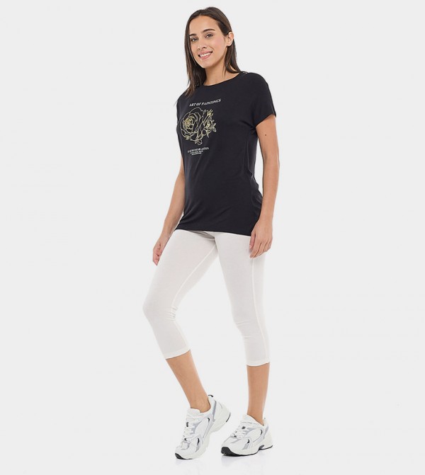 Solid 3/4 Leggings with Elastic Waist