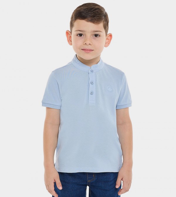 Textured T-Shirt with Stand Collar and Short Sleeves