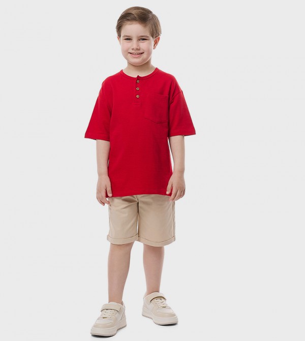 Printed T-Shirt with Henley Neck and Short Sleeves