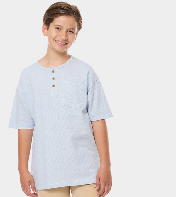 Pocket Detail Oversized T-Shirt with Henley Neck and Short Sleeves