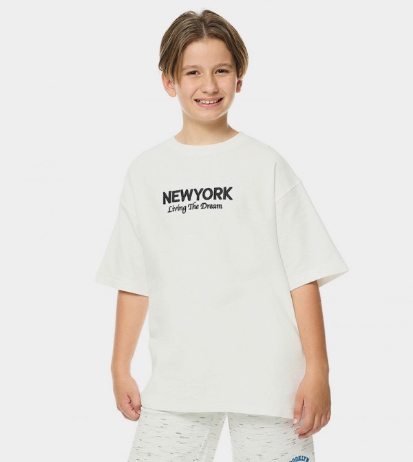 Embroidered Oversized T-Shirt with Crew Neck and Short Sleeves