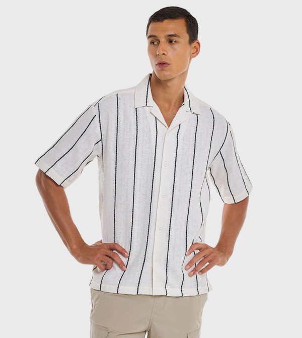 Striped Shirt with Revere Collar and Short Sleeves
