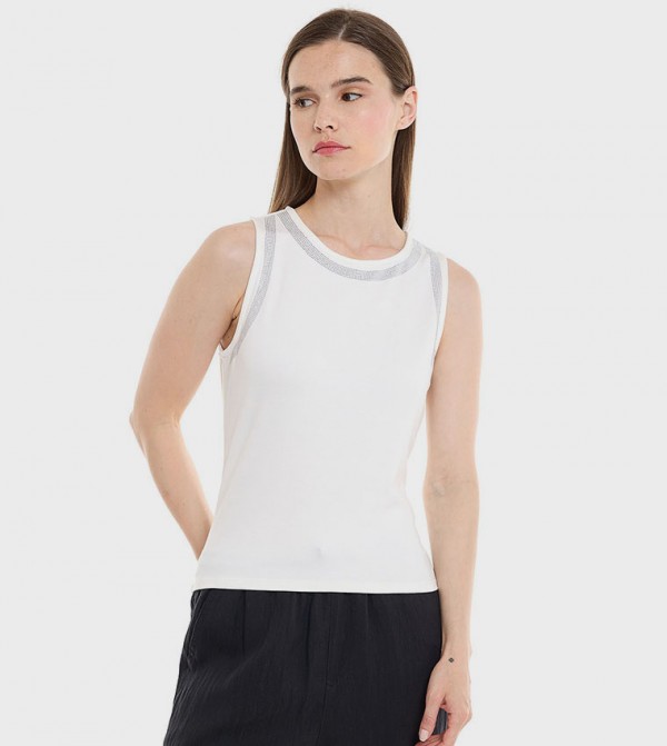 Embellished Sleeveless Top with Round Neck