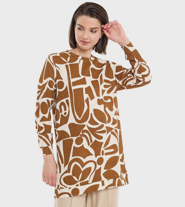 Patterned Tunic with Crew Neck and Long Sleeves