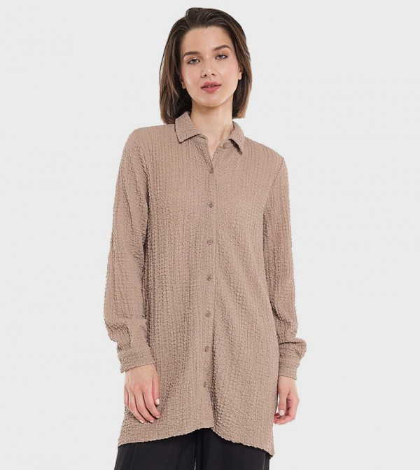 Textured Tunic with Classic Collar and Long Sleeves