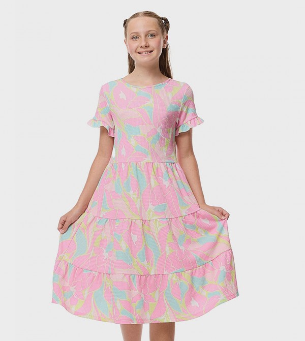 Patterned Tiered Dress with Crew Neck and Short Sleeves