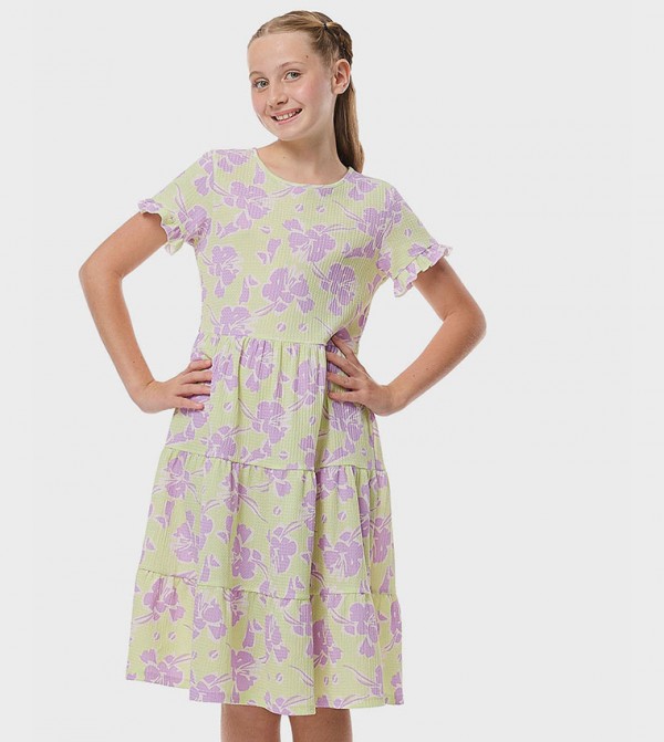 Patterned Tiered Dress with Crew Neck and Short Sleeves