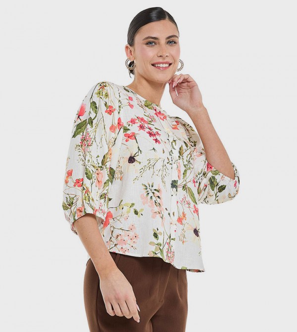 Floral Printed Top with Round Neck and 3/4 Sleeves