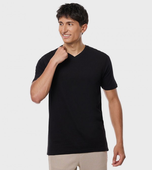 Solid T-Shirt with V-Neck and Short Sleeves