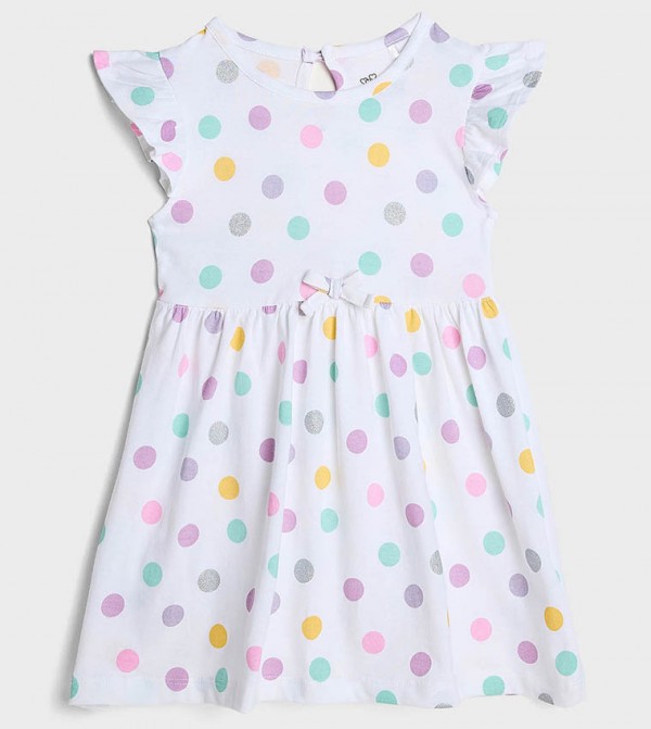 Polka Dots Printed Dress with Crew  Neck and Ruffle Sleeves