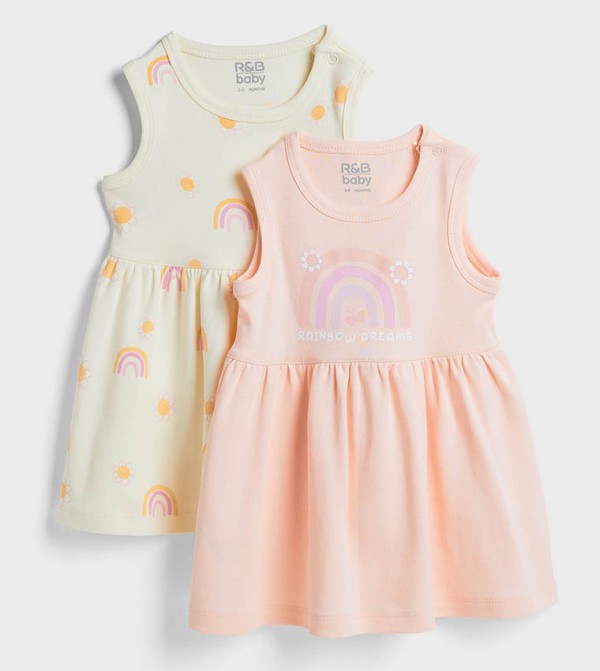 2 Pack Printed Sleeveless Dresses with Round Neck