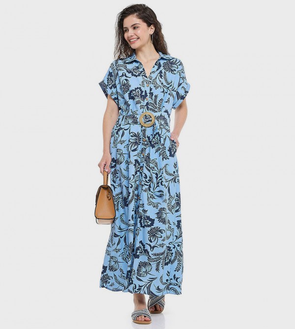 Patterned Shirt Dress with Classic Collar and Short Sleeves