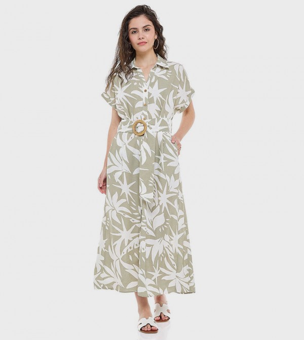 Patterned Shirt Dress with Classic Collar and Short Sleeves