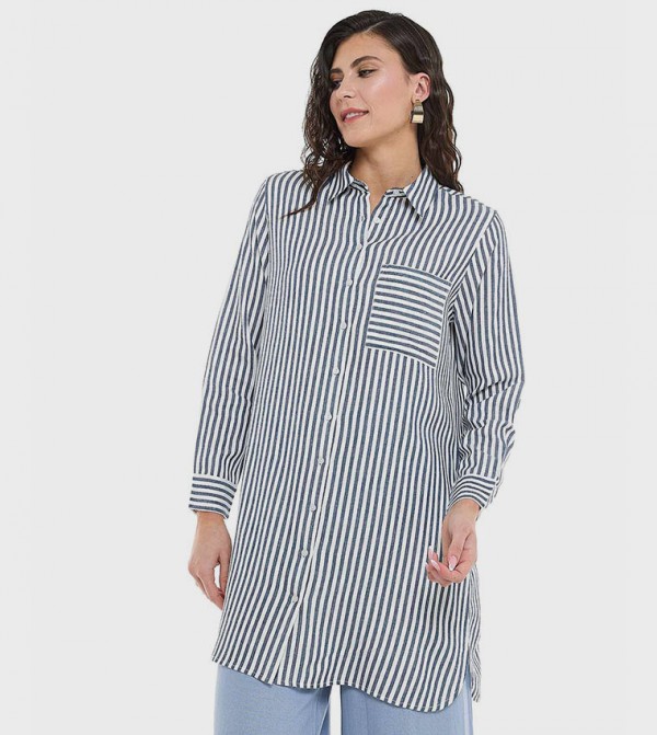 Striped Tunic with Classic Collar and Long Sleeves