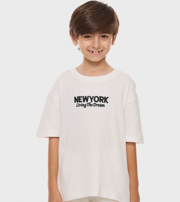 Embroidered Oversized T-Shirt with Crew Neck and Short Sleeves